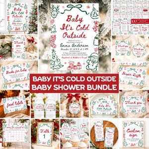 May include: A Baby It's Cold Outside baby shower stationery bundle featuring red and green hand-drawn holiday illustrations like reindeer, Christmas trees, and gingerbread men. Includes invitations, thank you cards, games, and signs.