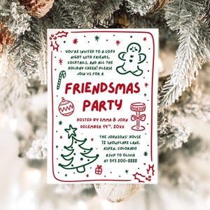 Hand Drawn Friendsmas Invitation, Editable Whimsical Scribble Festive Friendsmas Party Invitation, Cocktail Holiday Christmas Party Invite