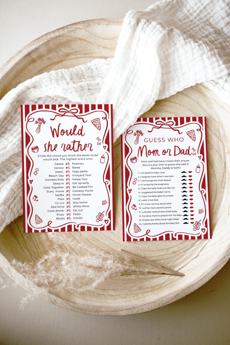 Ciao Bambino Baby Shower Game Bundle, Editable Red Italian Ciao Baby Gender Neutral Special Delivery Hand Drawn Pizza Baby Shower Games CB2