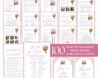 Fresh Off the Market Bridal Shower Games Bundle, Editable Rustic Pink Flower Shop Farmer's Market Games She’s Fresh Off the Market Games FM1