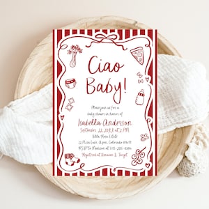 Italienisches Ciao Baby Babypartyeinladung Vorlage, Gender Neutral Wunderliche Hand gezeichnet Coquette Doodle Pizza Ciao Babypartyeinladung CB2