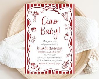 Modèle italien d'invitation de baby shower Ciao, coquette lunatique dessinée à la main neutre entre les sexes, invitation pizza Ciao baby shower, CB2