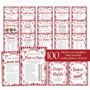 Ciao Bambino Baby Shower Game Bundle, Editable Red Italian Ciao Baby Gender Neutral Special Delivery Hand Drawn Pizza Baby Shower Games TH2