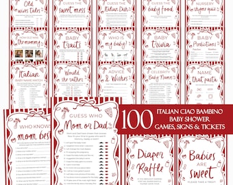 Ciao Bambino Baby Shower Game Bundle, Editable Red Italian Ciao Baby Gender Neutral Special Delivery Hand Drawn Pizza Baby Shower Games CB2