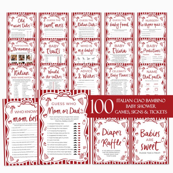 Ciao Bambino Baby Shower Game Bundle, Editable Red Italian Ciao Baby Gender Neutral Special Delivery Hand Drawn Pizza Baby Shower Games CB2