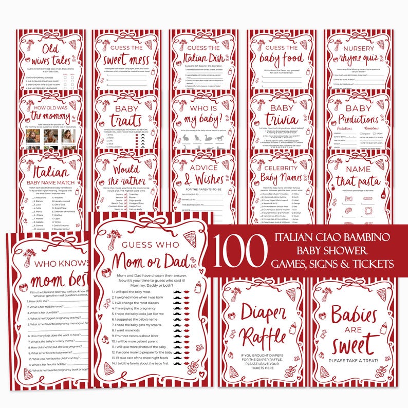 Ciao Bambino Baby Shower Game Bundle, Editable Red Italian Ciao Baby Gender Neutral Special Delivery Hand Drawn Pizza Baby Shower Games TH2
