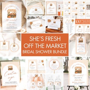 May include: A collection of stationery items with a market theme, including invitations, signs, and tags. The design features a market stall illustration with pumpkins and fall foliage, and the text "She's Fresh Off The Market".