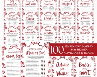 Ciao Bambino Baby Shower Game Bundle, Editable Red Italian Ciao Baby Gender Neutral Special Delivery Hand Drawn Pizza Baby Shower Games CB1