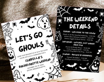 Bearbeitbare Let's go Ghouls Bachelorette Wochenende Einladung und Reiseplan Vorlage, Handgezeichnete Halloween Bachelorette Party Einladung HB1
