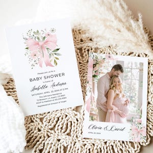 Pink Bow Baby in Bloom Baby Shower Invitation Template, Blush Pink Bow Ribbon Coquette Baby Girl Pink Floral Greenery Baby Shower Invite BB1