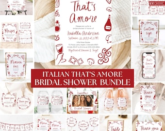 That's Amore Bridal Shower Bundle, Editable Whimsical Red White Hand Drawn Italian Pizza Wine Coquette Bridal Shower Invitation & Games TH1