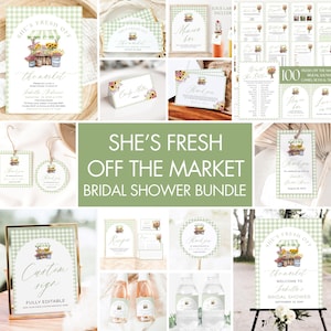 She’s Fresh Off the Market Bridal Shower Invitation Bundle Template, Editable Rustic Green Gingham Farmer&#39;s Market Bridal Shower Games FM2