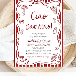 Ciao Bambino Baby Shower Game Bundle, Editable Red Italian Ciao Baby Gender Neutral Special Delivery Hand Drawn Pizza Baby Shower Games TH2