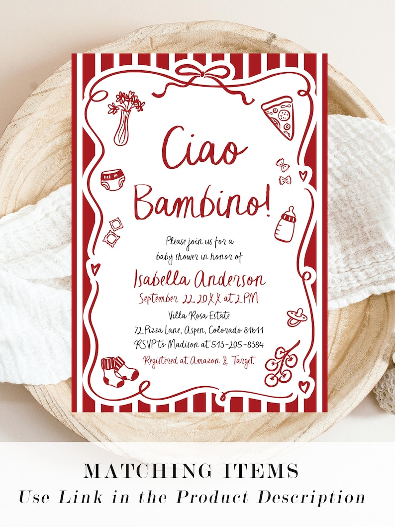 Ciao Bambino Baby Shower Game Bundle, Editable Red Italian Ciao Baby Gender Neutral Special Delivery Hand Drawn Pizza Baby Shower Games TH2