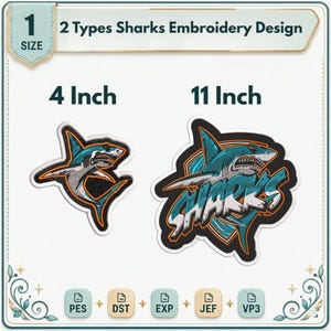 Puede incluir: Dos diseños de bordado de tiburones. Uno mide 10 cm, el otro 28 cm. Los diseños presentan un tiburón en tonos azules, grises y naranjas. El diseño más grande incluye la palabra "SHARKS" en una fuente estilizada.
