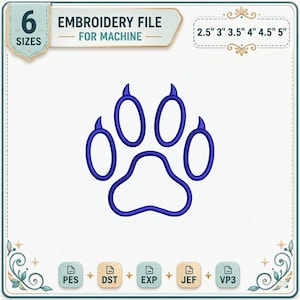 May include: An embroidery file for machine use featuring a blue paw print design. The image includes text indicating six available sizes: 2.5", 3", 3.5", 4", 4.5", and 5". File formats include PES, DST, EXP, JEF, and VP3.