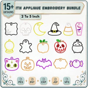 May include: A digital collection of 15+ ITH applique embroidery designs in 2 to 5 inch sizes. The set includes outlines for a skull, moon, witch hat, candy corn, coffin, crystal ball, ghost, pumpkin, poison apple, cauldron, cat, bat, and candy.