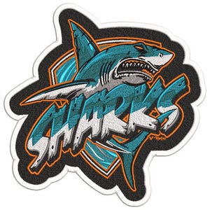 May include: A black and orange embroidered patch with a blue and white shark and the word "SHARKS" in white letters.