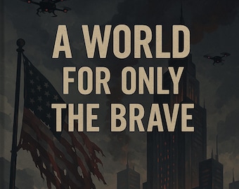 Pode incluir: Ilustração de uma paisagem urbana distópica com o texto "A World For Only The Brave". Uma bandeira americana ondula em primeiro plano, com drones e edifícios altos ao fundo. Escrito por Concordia G.