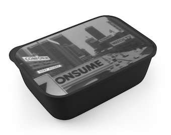 Bento Box — Dystopian City 'CONSUME' Graphic with Band & Utensils