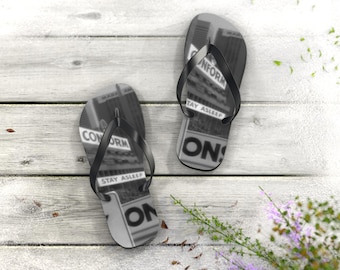 Vintage Neon Sign collage Flip Flops | Black White Cityscape Beach Sandals