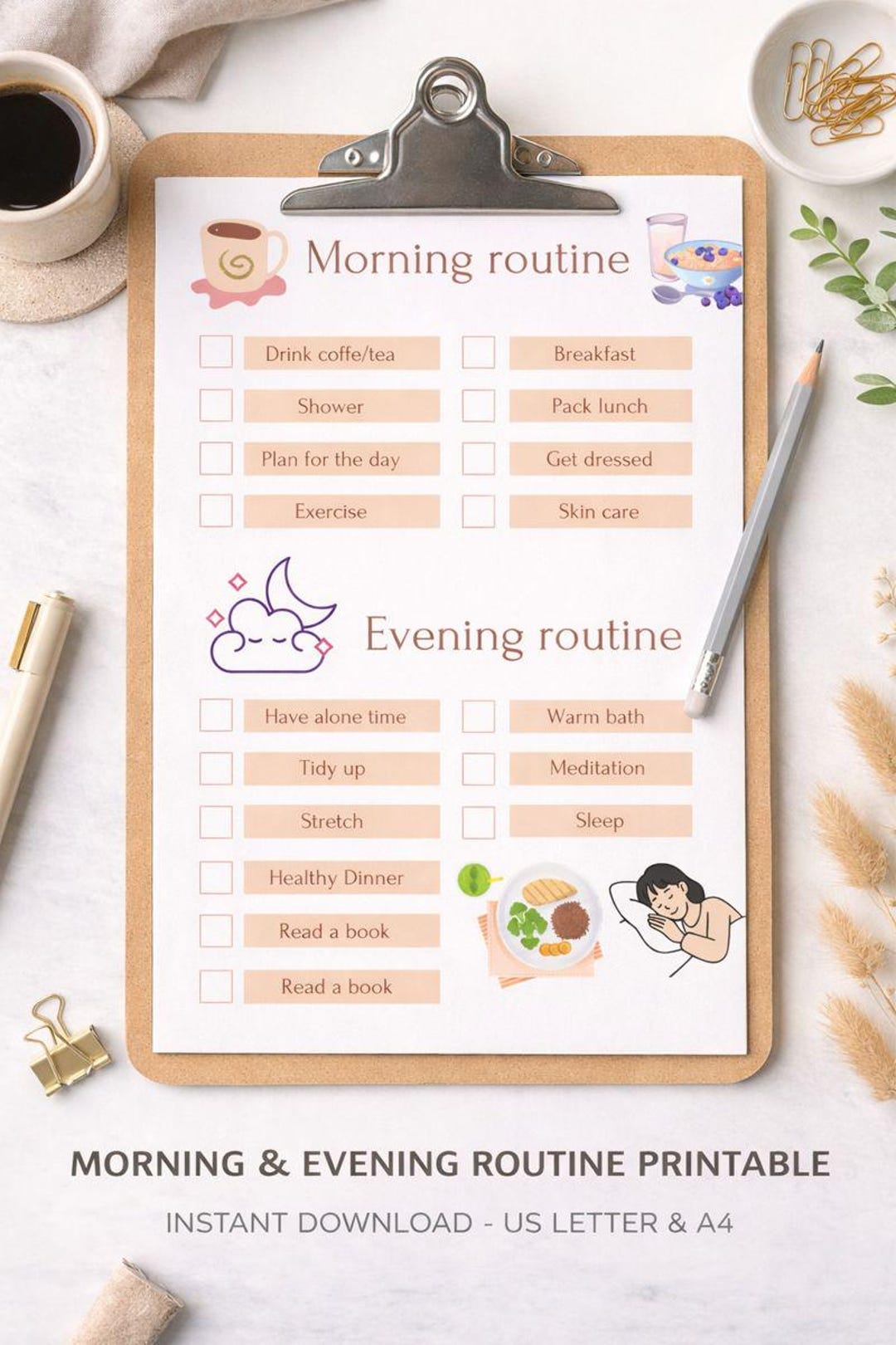 Evening Routine Printable Editable Morning and Evening Routine Printable | Daily Self Care Checklist ...