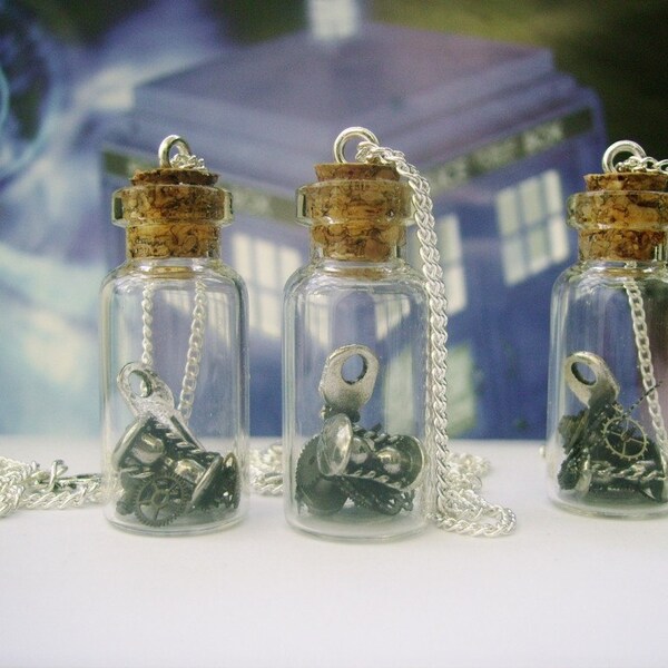 Steampunk Dr Who Inspired Bottle Necklace - SECRETS Of THE TARDIS - on silver plated chain - Last One