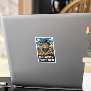 Meowdy Pawtner Cowboy Cat Sticker – Funny Western Cat Vinyl Decal – Cute Gift for Cat Lovers – Laptop Water Bottle Aesthetic Sticker
