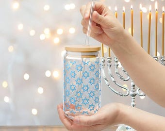 Taza de cristal con la Estrella de David, vaso para café helado de Hanukkah (16 oz)