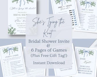 She's Tying the Knot Bridal Shower Invitation, 6 Games (Digital Download)