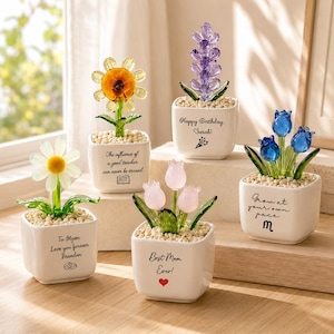 May include: Five glass flower figurines in white ceramic pots filled with small stones. Each pot features unique text: To Mum Love you forever Brandon, The influence of a good teacher can never be erased, Happy Birthday Sarah, Best Mom Ever, and Grow at your own pace.