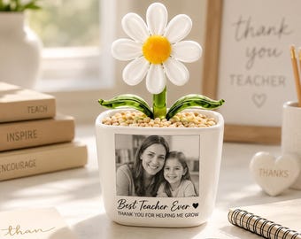Pot de fleurs en verre personnalisé avec photo pour un professeur, souvenir floral éternel, cadeau de remerciement pour un professeur.