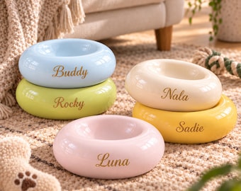 Personalized Ceramic Pet Bowl, Engraved Dog Bowl with Name, Donut Cat Food Bowl, Custom Pet Feeding Dish, Puppy Kitten Gift