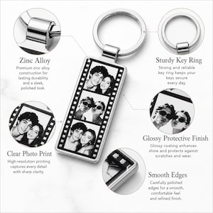 May include: A rectangular metal keychain featuring a film strip design with three black and white portrait photos of a couple. The keychain includes a sturdy silver-toned ring and has a glossy protective finish with smooth, polished edges.