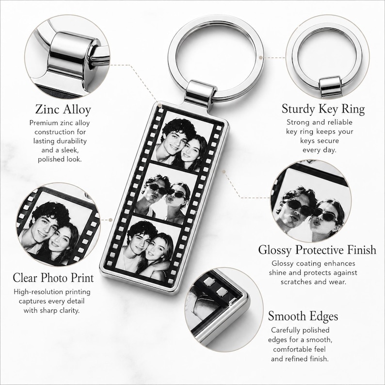 May include: A rectangular metal keychain featuring a film strip design with three black and white portrait photos of a couple. The keychain includes a sturdy silver-toned ring and has a glossy protective finish with smooth, polished edges.