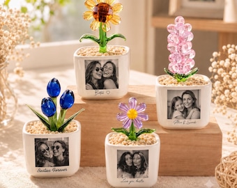Pot de fleurs en verre personnalisé avec photo, cadeau souvenir d'amitié sur mesure, cadeau floral éternel pour les meilleures amies, maman, remerciement pour un professeur
