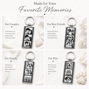 May include: A rectangular silver-toned metal keychain featuring a vertical film strip design with three customizable photo slots. The keychain includes a circular split ring for keys and displays black and white images of couples, friends, families, and pets.