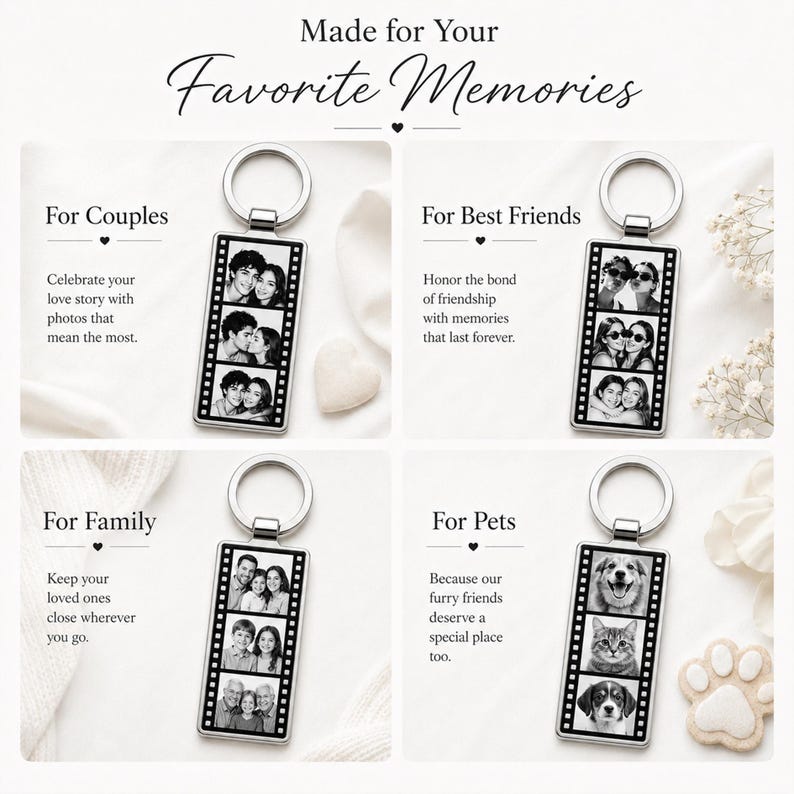 May include: A rectangular silver-toned metal keychain featuring a vertical film strip design with three customizable photo slots. The keychain includes a circular split ring for keys and displays black and white images of couples, friends, families, and pets.