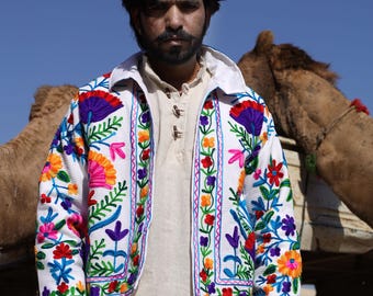 Bohemian Short Jacket, Colorful Cotton Waffle Coat, Indian Suzani Embroidered Jacket, Spring Jacket, Gift for Her, One size fits All