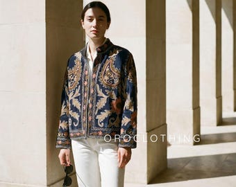 Velvet Suzani Embroidered Jacket, Bohemian Open Front Coat