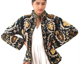 Premium Velvet Jacket- Deep Green, Suzani Embroidery, Short Boho Coat, Open Front, Festival Jacket, 70 style, One size fits All