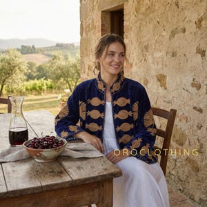 Luxury Embroidered Coat, Blue Heavy Suzani Work, Elegant Indian Velvet Jacket