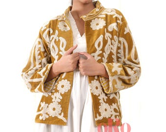 Mustard Velvet Jacket, Bohemian Short Coat, Suzani Embroidered, Open Front, One size fits All, Vintage Cardigan, Premium Vest