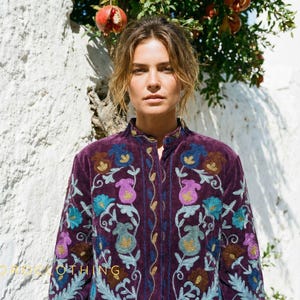 オーバーサイズの刺繍入りジャケット、ヴィンテージ風スザニ、ボヘミアン風ショートコート