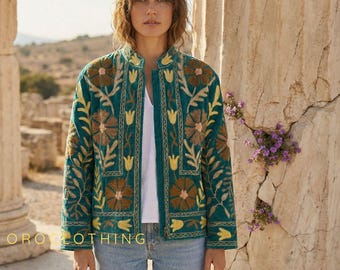 Green Velvet Suzani Embroidered Jacket, Boho Short Coat