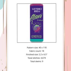 May include: Digital pattern featuring a pixelated design of an "Alani Energy" drink can. The can is purple with green and white text. The finished size is 2.2 x 6.5 inches.