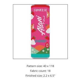May include: A cross-stitch pattern of an Alani Strawberry Float energy drink can. The can is pink with the words "Alani" and "Energy" in white. The design includes strawberries, oranges, and the word "Sunrise". Finished size is 2.2 x 6.5 inches.