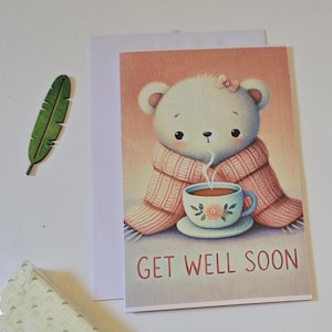 Handgemachte Gute-Laune-Karte mit süßem Bären und Tee, Tasse Trost, Gute Besserung Geschenk