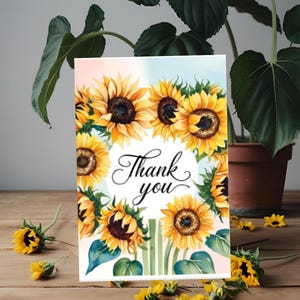 Carte de remerciement faite main avec une couronne de tournesols - Papeterie florale pastel aquarelle - Note de calligraphie