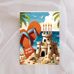 Coastal Sandcastle Birthday Card with Flip Flops - Fun Summer Beach Celebration Greeting